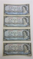 (4) 1954 5 Dollar Canada Bank Notes