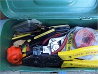 Green tool box with screw drivers and pins