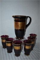 Vtg 7 pcs Amethyst Glass w 22kt Gold Pitcher Set