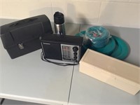 Lunch Box, Radio, & Plastic Dishes