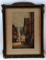 FRAMED AND MATTED QUAINT TOWNSCAPE PRINT SIGNED