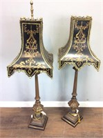 2 TALL CANDLE LAMPS BRASS BOTTOM METAL SHADE