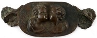 BRASS PLAQUE W TWO PUTTI & FLOWERS IN REPOUSSE