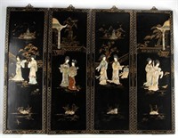 FOUR CHINESE JADE AND PAINTED WOOD PANELS