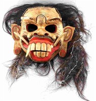 WOODEN CARVED & PAINTED ONI MASK W ATTACHED HAIR