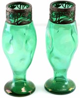 PAIR IRIDESCENT GREEN GLASS PIERCED IRON STOLZLE