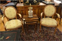 Pair of carved wood and upholstered fauteuils