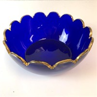 Blue Art Glass Bowl with Gold Painted Trim