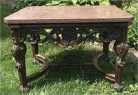 FRENCH OAK HAND CARVED SIDE TABLE BROWN MARBLE TOP
