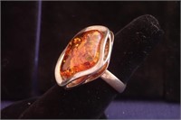 Sterling Silver & Amber Ring ~ Size 7.5