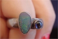 Sterling Silver Opal & Purple Stone Ring ~Size 7.5