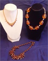 Vintage Amber Acrylic Bead Necklaces & Rhinestones