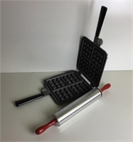 Vintage Waffle Iron & Hot n Cold Rolling Pin