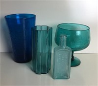 Three Art Glass Vases & Antique Medicine Bottle