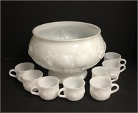 Milk Glass Punchbowl with 8 Cups