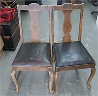 2 Oak Chairs w/ Black Padded Leather Seats