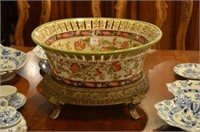 Chinese style porcelain center bowl w/ bronze base