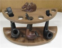 VNTG Wood 2 Horse Finial Pipe Rack w/ 3 Pipes