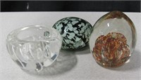3 Deco Art Glass Paperweights & Candle Holder