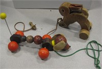 2 Vintage Rabbit & Dog Wood Pull Toy Figures