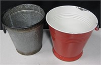 2 Vintage Red & White / Plain Steel Buckets