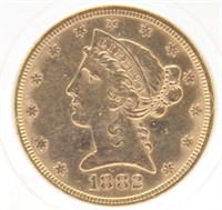 1882 Five Dollar $5 Gold Liberty Head Half Eagle