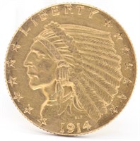 1914 D $2 1/2 Indian Head Gold Piece - XF