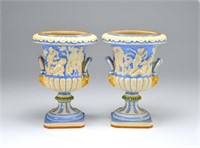 Pr of Italian majolica glazed pottery campana urns