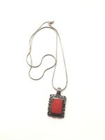 Sterling Silver Square Pendant with Red
