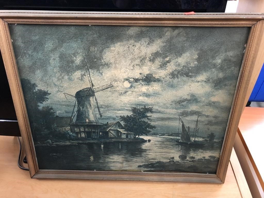 painting of wind mill and sail boats