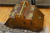 Antique wood coal scuttle with brass accents