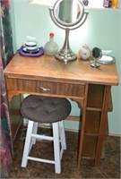 Vintage Wooden Vanity With Stool & Contents