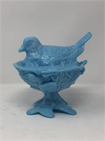 Blue Milk Glass Bird Dish