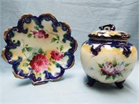 PORCELAIN BISCUIT BARREL and FOOTED DISH