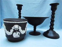 BLACK SATIN TIFFIN GLASS and WEDGWOOD CACHE POT