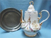EARLY PORCELAIN COFFEE POT & PEWTER PLATE