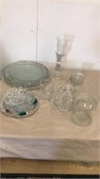 Group of glass plates, vase, candy dishes