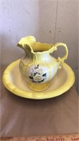 12” Yellow and white Pitcher and bowls