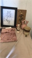 Native vases with framed picture and 2 books