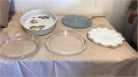 Fire king pie pans, fruit  platter, dish with egg