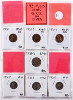 Coins 1931-P,D & S Cents Nickel & Dimes