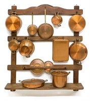 RUSTIC FRENCH HANGING WALL RACK & COPPER POTS