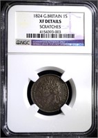 1824 GREAT BRITAIN 1 SHILLING, NGC XF RARE DETAILS