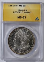 1881-S REDFIELD HOARD MORGAN DOLLAR, ANACS MS-63