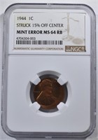 1944 MINT ERROR LINCOLN CENT, NGC MS-64 RB