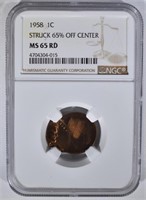 1958 MINT ERROR LINCOLN CENT, NGC MS-65 RED