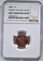 2000 MINT ERROR LINCOLN CENT, NGC MS-66 RED