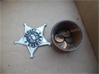 Wheat pennies & toy badge