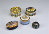Four porcelain boxes w/ a silver & enamel box