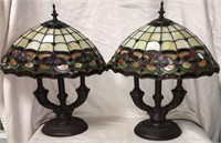 Pair Of Leaded Glass Parlor Lamps